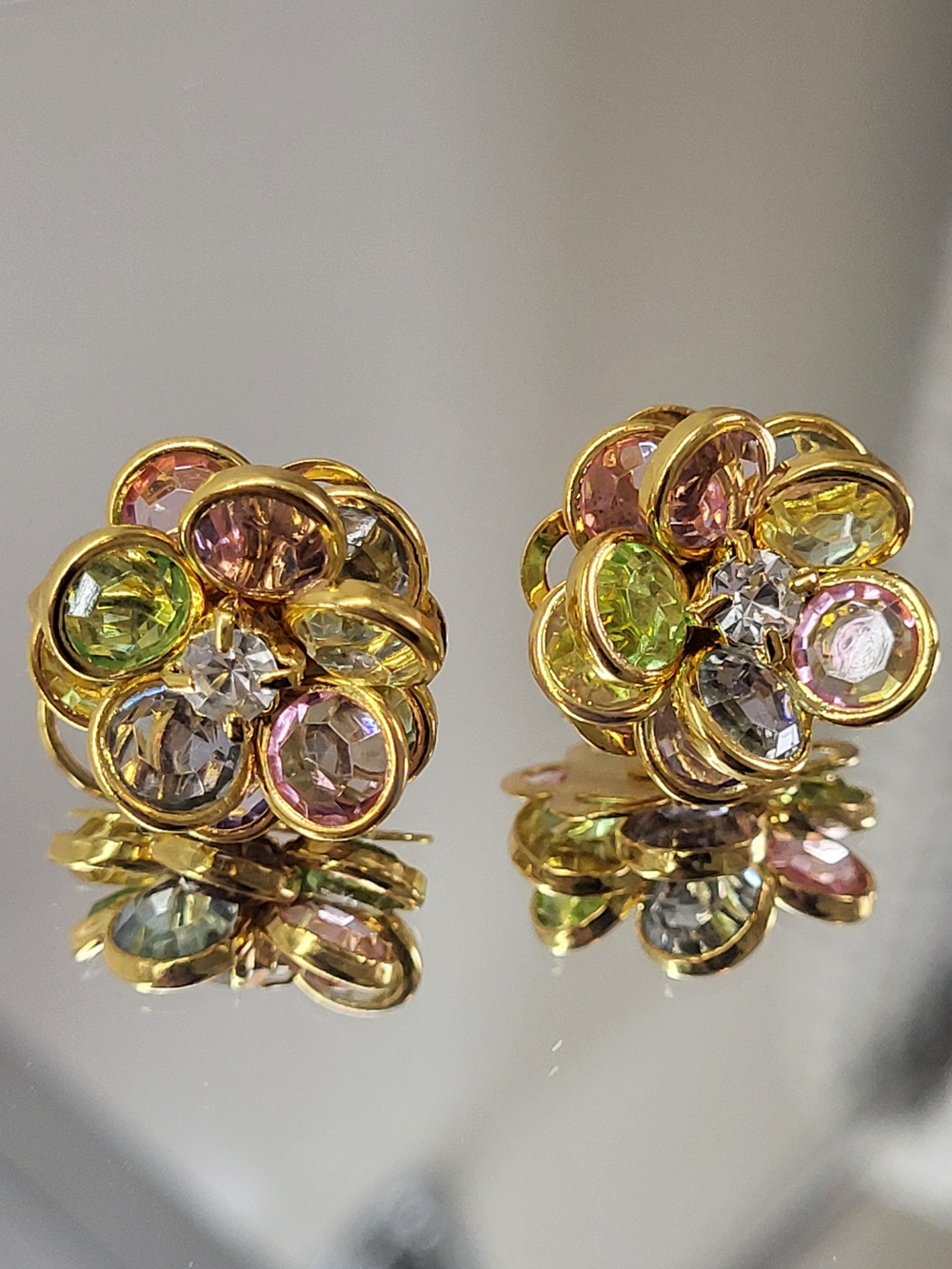 Avon Vintage Gold-Tone Multicolor Crystal Flower Clip On Earrings